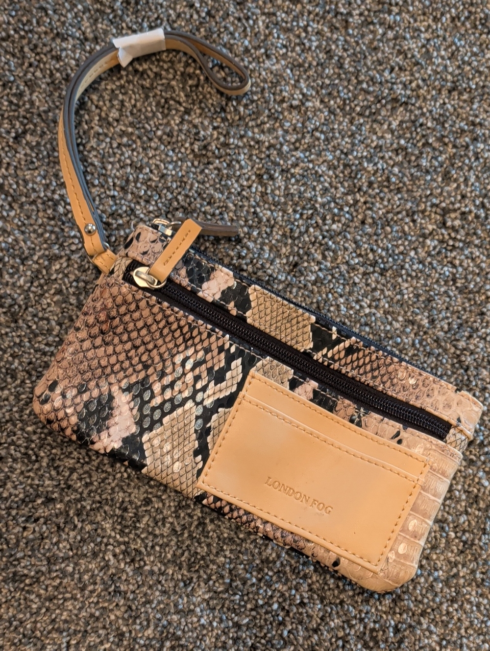 London Fog Beige Tan Snake-Print Wristlet with Card Pocket